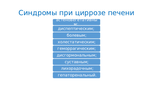 Синдромы при циррозе печени астеновегетативным; диспептическим;  болевым;  холестатическим;  геморрагическим;  дисгормональным;  суставным;  лихорадочным;  гепаторенальный. 