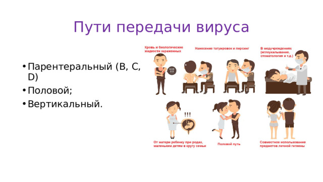 Пути передачи вируса Парентеральный (B, C, D) Половой; Вертикальный. 