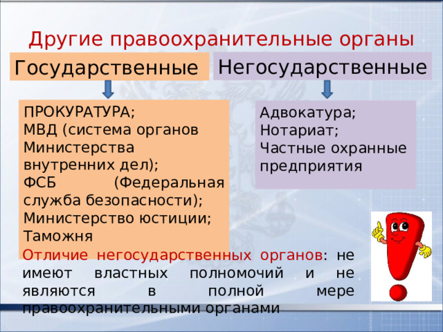 Другие правоохранительные органы Негосударственные Государственные ПРОКУРАТУРА; МВД (система органов Министерства внутренних дел); ФСБ (Федеральная служба безопасности); Министерство юстиции; Таможня Адвокатура; Нотариат; Частные охранные предприятия Отличие негосударственных органов : не имеют властных полномочий и не являются в полной мере правоохранительными органами 