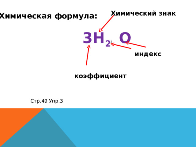 Химический знак Химическая формула: 3H 2  О индекс коэффициент Стр.49 Упр.3 
