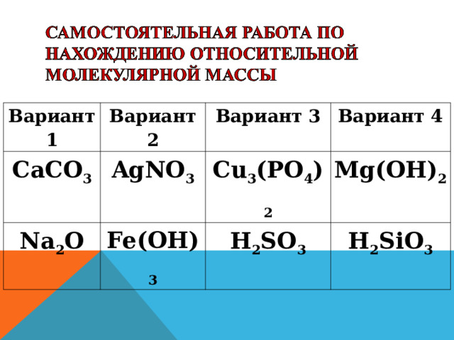 Вариант 1 Вариант 2 CaCO 3 AgNO 3 Вариант 3 Na 2 O Вариант 4 Cu 3 (PO 4 ) 2 Fe(OH) 3 Mg(OH) 2 H 2 SO 3 H 2 SiO 3 