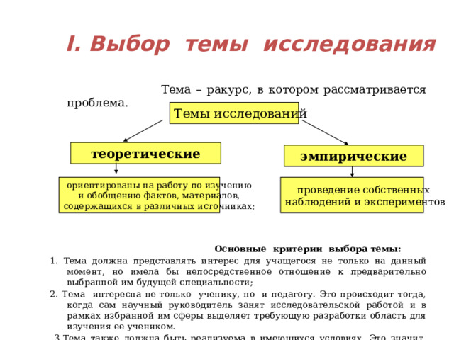  I. Выбор темы исследования  Тема – ракурс, в котором рассматривается проблема.  Основные критерии выбора темы: 1. Тема должна представлять интерес для учащегося не только на данный момент, но имела бы непосредственное отношение к предварительно выбранной им будущей специальности; 2. Тема интересна не только ученику, но и педагогу. Это происходит тогда, когда сам научный руководитель занят исследовательской работой и в рамках избранной им сферы выделяет требующую разработки область для изучения ее учеником.  3.Тема также должна быть реализуема в имеющихся условиях. Это значит, что по выбранной теме должны быть доступны оборудование и литература. Темы исследований теоретические эмпирические ориентированы на работу по изучению проведение собственных  и обобщению фактов, материалов, наблюдений и экспериментов содержащихся в различных источниках;  