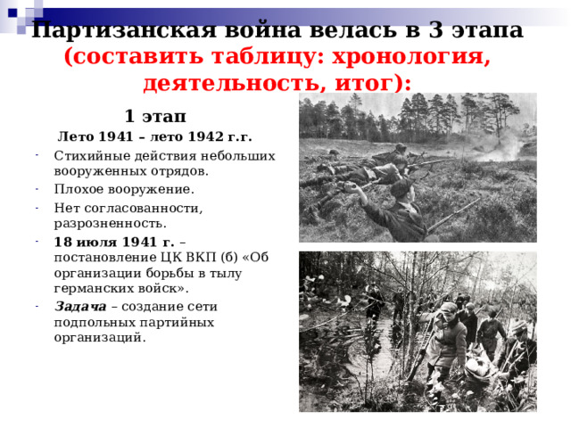 Партизанская война велась в 3 этапа (составить таблицу: хронология, деятельность, итог): 1 этап Лето 1941 – лето 1942 г.г. Стихийные действия небольших вооруженных отрядов. Плохое вооружение. Нет согласованности, разрозненность. 18 июля 1941 г. – постановление ЦК ВКП (б) «Об организации борьбы в тылу германских войск». Задача – создание сети подпольных партийных организаций. 