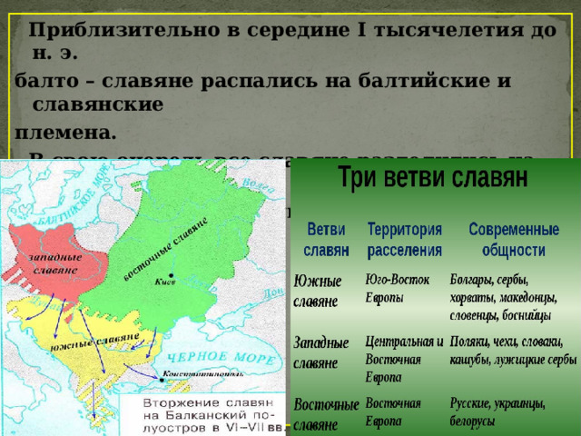  Приблизительно в середине I тысячелетия до н. э. балто – славяне распались на балтийские и славянские племена.  В свою очередь все славяне разделились на три большие группы: южную, западную и восточную. 