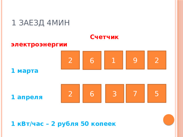 1 заезд 4мин  Счетчик электроэнергии   1 марта 1 апреля   1 кВт/час – 2 рубля 50 копеек 1 9 2 2 6 7 5 2 6 3 