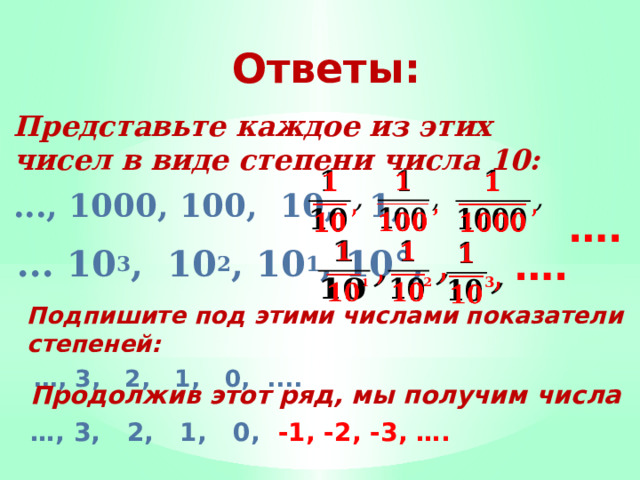 Ответы: Представьте каждое из этих чисел в виде сте­пени числа 10: ..., 1000, 100, 10, 1,       … .           … . ... 10 3 , 10 2 , 10 1 , 10°,   3 2 1  Подпишите под этими числами показатели сте­пеней:  … , 3, 2, 1, 0, ....  Продолжив этот ряд, мы получим числа … , 3, 2, 1, 0, -1, -2, -3, ….  