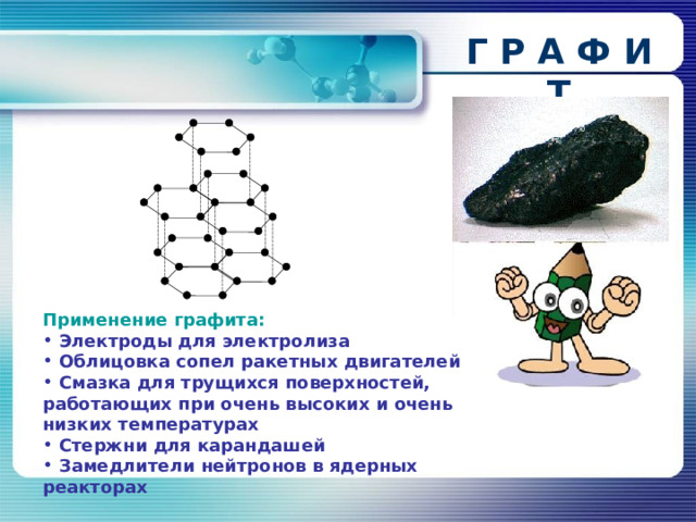 Г Р А Ф И Т Применение графита:  Электроды для электролиза  Облицовка сопел ракетных двигателей  Смазка для трущихся поверхностей, работающих при очень высоких и очень низких температурах  Стержни для карандашей  Замедлители нейтронов в ядерных реакторах 