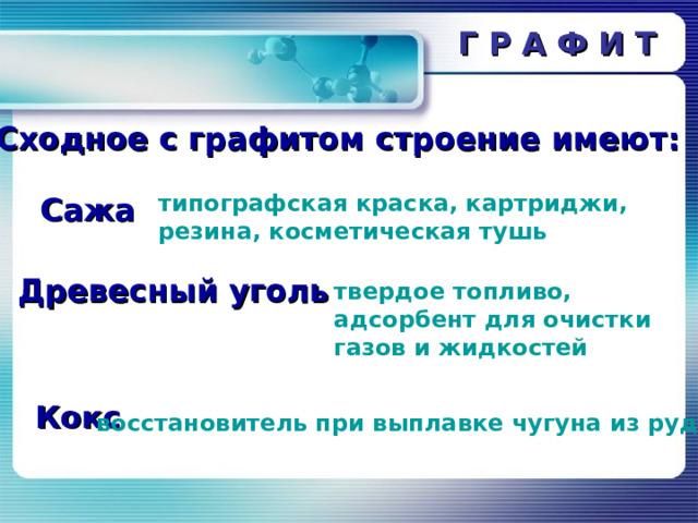 Г Р А Ф И Т Сходное с графитом строение имеют: типографская краска, картриджи, резина, косметическая тушь Сажа Древесный уголь твердое топливо, адсорбент для очистки газов и жидкостей Кокс восстановитель при выплавке чугуна из руд 