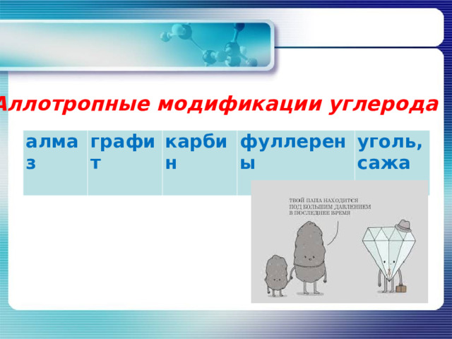 Аллотропные модификации углерода алмаз графит карбин фуллерены уголь, сажа 