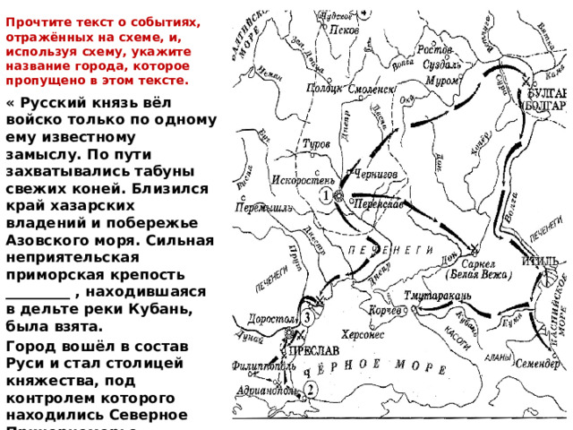 Прочтите текст о событиях, отражённых на схеме, и, используя схему, укажите название города, которое пропущено в этом тексте. « Русский князь вёл войско только по одному ему известному замыслу. По пути захватывались табуны свежих коней. Близился край хазарских владений и побережье Азовского моря. Сильная неприятельская приморская крепость _________ , находившаяся в дельте реки Кубань, была взята. Город вошёл в состав Руси и стал столицей княжества, под контролем которого находились Северное Причерноморье, Приазовье, Восточный Крым с Корчевым, крепость Белая Вежа» . 