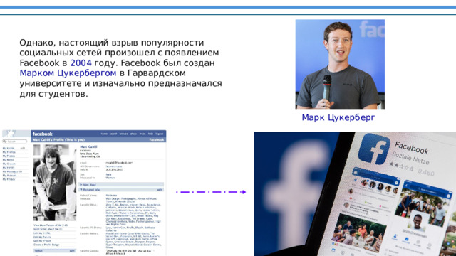 Однако, настоящий взрыв популярности социальных сетей произошел с появлением Facebook в 2004 году. Facebook был создан Марком Цукербергом в Гарвардском университете и изначально предназначался для студентов.   Марк Цукерберг 
