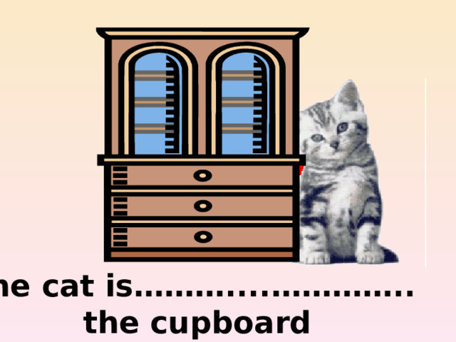 on the right of The cat is………....………….. the cupboard 