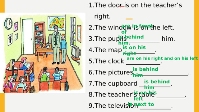 The door is on the teacher’s right. The window is on the left. The pupils __________ him. The map __________. The clock ___________. The pictures _________________. The cupboard __________. The teacher’s table _________. The television __________. John Barker ______ the teacher. are in front of is behind him. is on his right are on his right and on his left is behind him is behind him is on his left is next to  