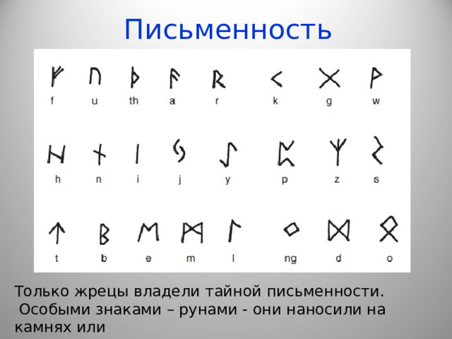 Письменность Только жрецы владели тайной письменности.  Особыми знаками – рунами - они наносили на камнях или оружии надписи-заклинания 