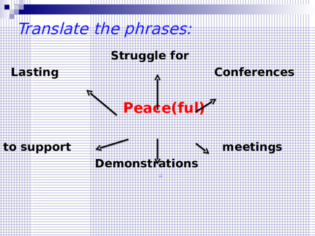 Translate the phrases:   Struggle for  Lasting Conferences   Реасе (ful)  to support meetings  Demonstrations    