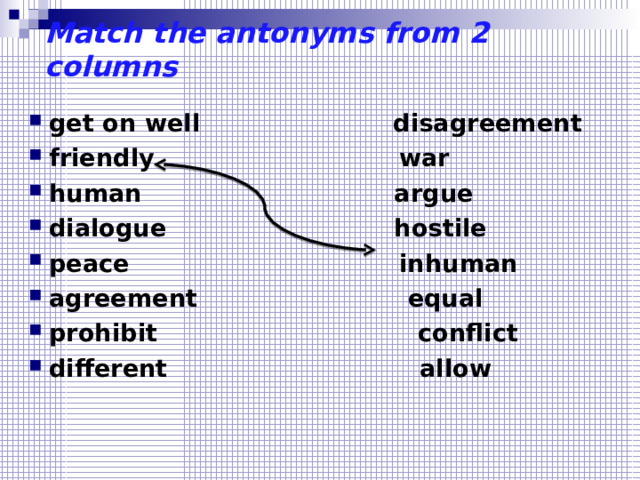 Match the antonyms from 2 columns get on well disagreement friendly  war human argue dialogue  hostile peace  inhuman agreement equal prohibit conflict different allow  