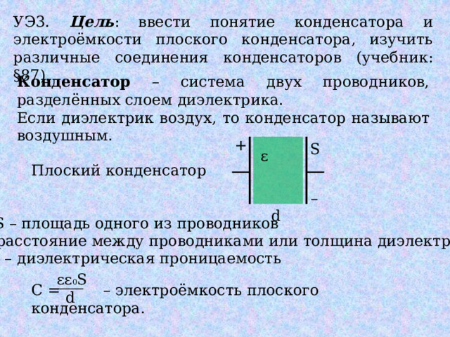 УЭ3. Цель : ввести понятие конденсатора и электроёмкости плоского конденсатора, изучить различные соединения конденсаторов (учебник: §87). Конденсатор – система двух проводников, разделённых слоем диэлектрика. Если диэлектрик воздух, то конденсатор называют воздушным. + S ε Плоский конденсатор – d S – площадь одного из проводников d – расстояние между проводниками или толщина диэлектрика ε – диэлектрическая проницаемость εε 0 S С = – электроёмкость плоского конденсатора. d 