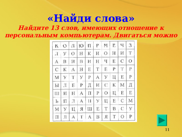 «Найди слова» Найдите 13 слов, имеющих отношение к персональным компьютерам. Двигаться можно вниз и вправо.   