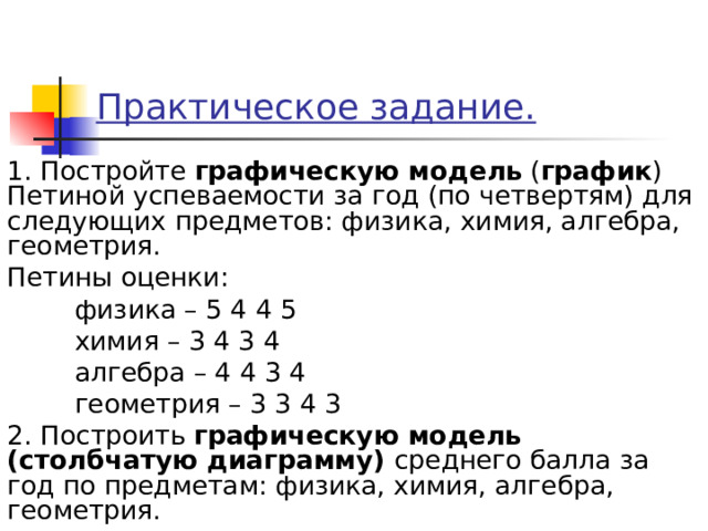 Практическое задание. 1. Постройте графическую модель ( график ) Петиной успеваемости за год (по четвертям) для следующих предметов: физика, химия, алгебра, геометрия. Петины оценки:  физика – 5 4 4 5  химия – 3 4 3 4  алгебра – 4 4 3 4  геометрия – 3 3 4 3 2. Построить графическую модель (столбчатую диаграмму) среднего балла за год по предметам: физика, химия, алгебра, геометрия. 