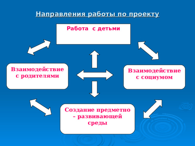     Направления работы по проекту Работа с детьми  Взаимодействие с родителями Взаимодействие с социумом   Создание предметно – развивающей среды 