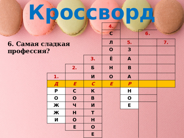 Кроссворд 4. С Л 6. 5. 2. О 3. 1. Д Б З Ё 7. А Н И Е Р О В О С С Ж О Е К А Ж Р В Ч И Н Н И Т О О Е Н Е О Е 6. Самая сладкая профессия? 