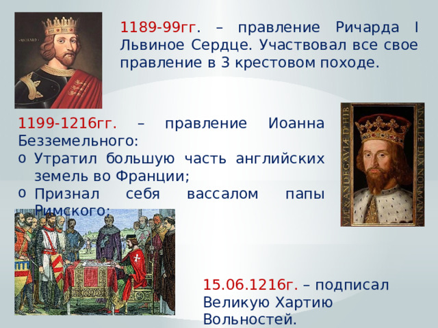 1189-99гг . – правление Ричарда I Львиное Сердце. Участвовал все свое правление в 3 крестовом походе. 1199-1216гг. – правление Иоанна Безземельного: Утратил большую часть английских земель во Франции; Признал себя вассалом папы Римского; 15.06.1216г. – подписал Великую Хартию Вольностей. 