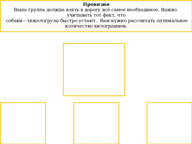 Провизия Ваша группа должна взять в дорогу всё самое необходимое. Важно учитывать тот факт, что  собаки—тяжелогрузы быстро устают. Вам нужно рассчитать оптимальное количество килограммов. 