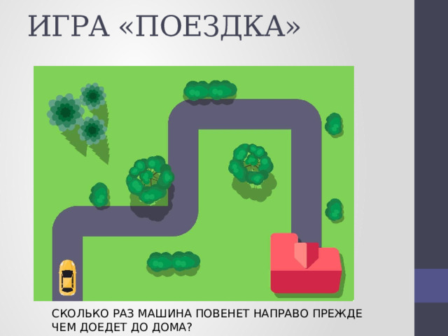 ИГРА «ПОЕЗДКА»   СКОЛЬКО РАЗ МАШИНА ПОВЕНЕТ НАПРАВО ПРЕЖДЕ ЧЕМ ДОЕДЕТ ДО ДОМА? 