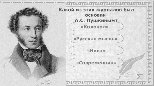Какой из этих журналов был основан А.С. Пушкиным? «Колокол» «Русская мысль» «Нива» «Современник» 