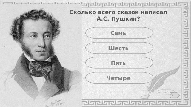 Сколько всего сказок написал А.С. Пушкин? Семь Шесть Пять Четыре 