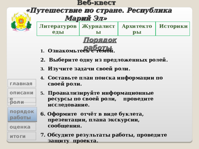 Веб-квест «Путешествие по стране. Республика Марий Эл»   Архитекторы Журналисты Литературоведы  Историки Порядок работы Ознакомьтесь с темой. 2. Выберите одну из предложенных ролей. Изучите задачи своей роли. Составьте план поиска информации по своей роли. Проанализируйте информационные ресурсы по своей роли, проведите исследование. 6. Оформите отчёт в виде буклета, презентации, плана экскурсии, сообщения.  7. Обсудите результаты работы, проведите защиту проекта.     главная описание роли порядок работы  оценка итоги  