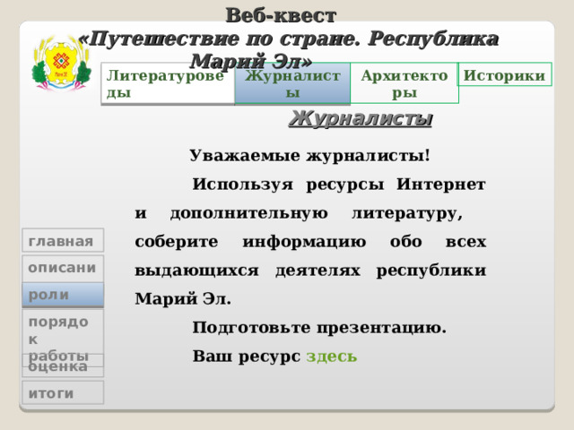 Веб-квест «Путешествие по стране. Республика Марий Эл»   Архитекторы Историки Журналисты Литературоведы Журналисты Уважаемые журналисты!  Используя ресурсы Интернет и дополнительную литературу, соберите информацию обо всех выдающихся деятелях республики Марий Эл.    Подготовьте презентацию.  Ваш ресурс здесь     главная описание роли порядок работы оценка итоги 