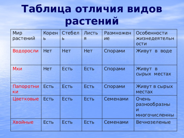 Таблица отличия видов растений Мир растений Водоросли Корень Нет Стебель Мхи Листья Папоротники Нет Нет Есть Нет Есть Цветковые Размножение Есть Спорами Хвойные Есть Особенности Есть Есть жизнедеятельности Есть Живут в воде Есть Спорами Спорами Есть Живут в сырых местах Есть Живут в сырых местах Есть Семенами Очень разнообразны и многочисленны Семенами Вечнозеленые 