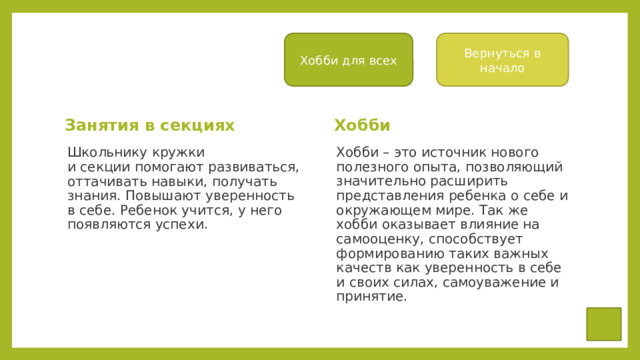 Вернуться в начало Хобби для всех Хобби Занятия в секциях Хобби – это источник нового полезного опыта, позволяющий значительно расширить представления ребенка о себе и окружающем мире. Так же хобби оказывает влияние на самооценку, способствует формированию таких важных качеств как уверенность в себе и своих силах, самоуважение и принятие. Школьнику кружки и секции помогают развиваться, оттачивать навыки, получать знания. Повышают уверенность в себе. Ребенок учится, у него появляются успехи.  