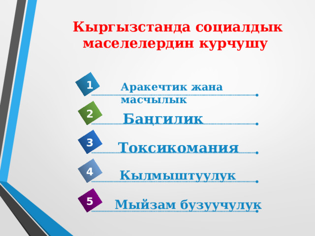 Кыргызстанда социалдык маселелердин курчушу 1 Аракечтик жана масчылык 2 Баңгилик 3 Токсикомания 4 Кылмыштуулук 5 Мыйзам бузуучулук 