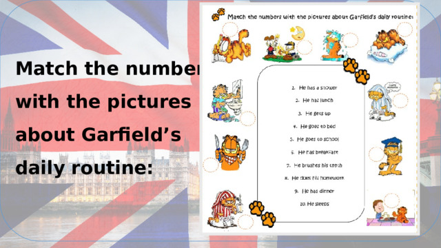   Match the numbers with the pictures about Garfield’s daily routine:   