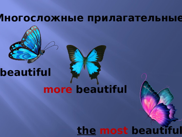 Многосложные прилагательные beautiful more beautiful the  most beautiful 