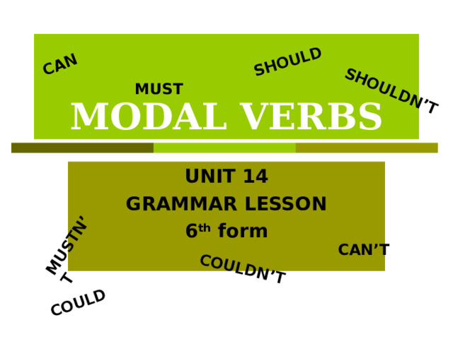 CAN COULD SHOULD MUSTN’T SHOULDN’T COULDN’T MODAL VERBS MUST UNIT 14 GRAMMAR LESSON 6 th form CAN’T 