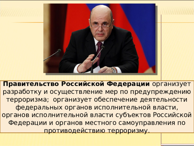 Правительство Российской Федерации организует разработку и осуществление мер по предупреждению терроризма;  организует обеспечение деятельности федеральных органов исполнительной власти, органов исполнительной власти субъектов Российской Федерации и органов местного самоуправления по противодействию терроризму. 