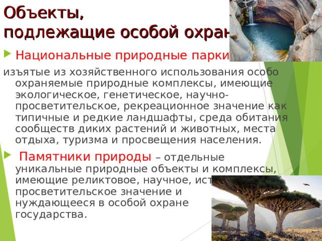 Объекты,  подлежащие особой охране Национальные природные парки – изъятые из хозяйственного использования особо охраняемые природные комплексы, имеющие экологическое, генетическое, научно-просветительское, рекреационное значение как типичные и редкие ландшафты, среда обитания сообществ диких растений и животных, места отдыха, туризма и просвещения населения.  Памятники природы – отдельные уникальные природные объекты и комплексы, имеющие реликтовое, научное, историческое, просветительское значение и нуждающееся в особой охране государства. 