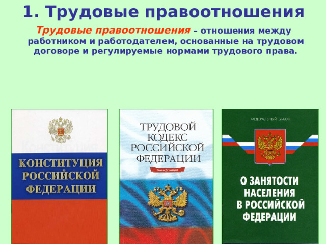 1. Трудовые правоотношения  Трудовые правоотношения – отношения между работником и работодателем, основанные на трудовом договоре и регулируемые нормами трудового права. 