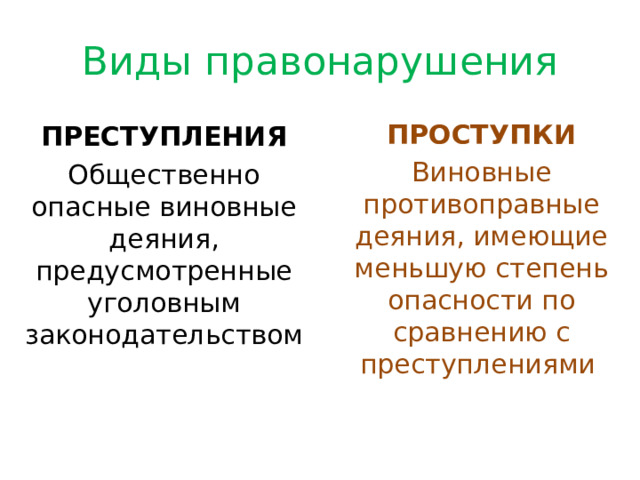 Виды правонарушения ПРОСТУПКИ Виновные противоправные деяния, имеющие меньшую степень опасности по сравнению с преступлениями  ПРЕСТУПЛЕНИЯ Общественно опасные виновные деяния, предусмотренные уголовным законодательством 