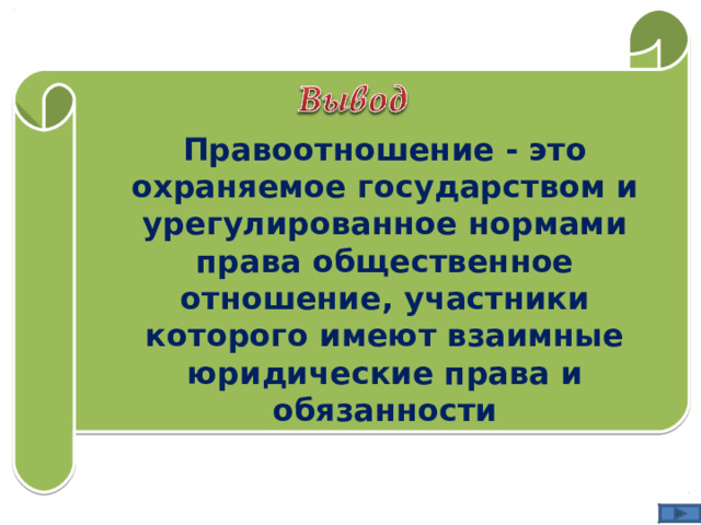 Правоотношение - это охраняемое государством и урегулированное нормами права общественное отношение, участники которого имеют взаимные юридические права и обязанности 