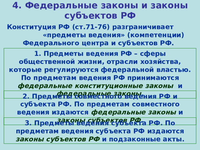 4. Федеральные законы и законы субъектов РФ Конституция РФ (ст.71-76) разграничивает «предметы ведения» (компетенции) Федерального центра и субъектов РФ. 1. Предметы ведения РФ – сферы общественной жизни, отрасли хозяйства, которые регулируются федеральной властью. По предметам ведения РФ принимаются федеральные конституционные законы и федеральные законы . 2. Предметы совместного ведения РФ и субъекта РФ. По предметам совместного ведения издаются федеральные законы и законы субъектов РФ . 3. Предметы ведения субъекта РФ. По предметам ведения субъекта РФ издаются законы субъектов РФ и подзаконные акты. 