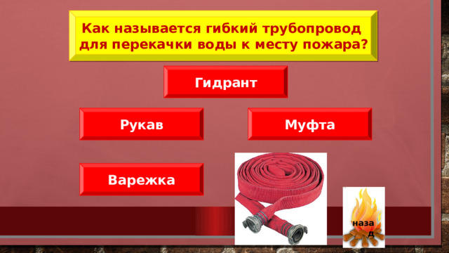  Как называется гибкий трубопровод для перекачки воды к месту пожара?  Гидрант Рукав Муфта Варежка   назад 39 