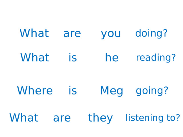 are you doing? What What is he reading? Where is Meg going? What are they listening to? 