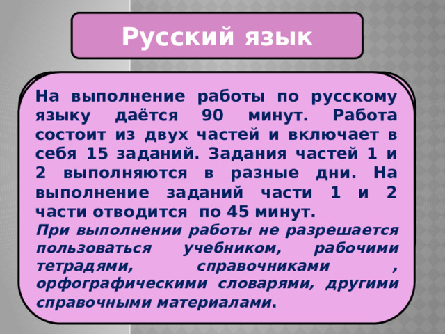 Русский язык На выполнение работы по русскому языку даётся 90 минут. Работа состоит из двух частей и включает в себя 15 заданий. Задания частей 1 и 2 выполняются в разные дни. На выполнение заданий части 1 и 2 части отводится по 45 минут. При выполнении работы не разрешается пользоваться учебником, рабочими тетрадями, справочниками , орфографическими словарями, другими справочными материалами . Проверочная работа по русскому языку состоит из двух частей, которые выполняются в разные дни и различаются по содержанию и количеству заданий. 