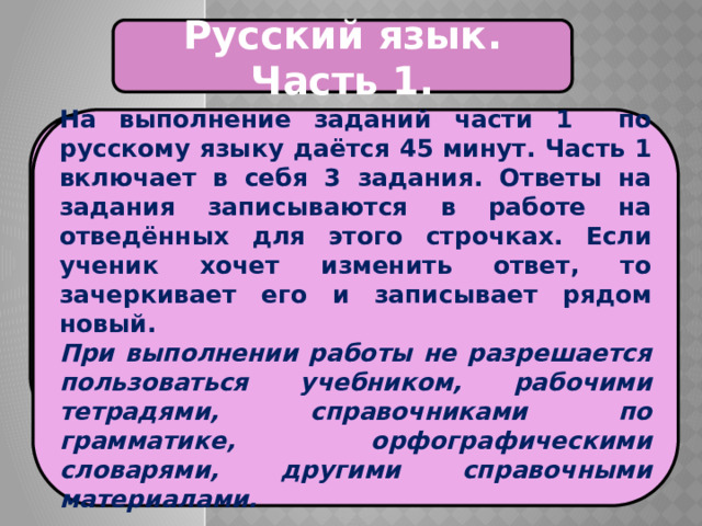 Русский язык. Часть 1. На выполнение заданий части 1 по русскому языку даётся 45 минут. Часть 1 включает в себя 3 задания. Ответы на задания записываются в работе на отведённых для этого строчках. Если ученик хочет изменить ответ, то зачеркивает его и записывает рядом новый. При выполнении работы не разрешается пользоваться учебником, рабочими тетрадями, справочниками по грамматике, орфографическими словарями, другими справочными материалами. Проверочная работа по русскому языку состоит из двух частей, которые выполняются в разные дни и различаются по содержанию и количеству заданий. 