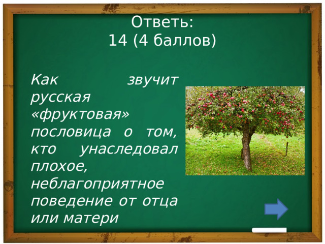 Ответь:  14 (4 баллов) Как звучит русская «фруктовая» пословица о том, кто унаследовал плохое, неблагоприятное поведение от отца или матери 