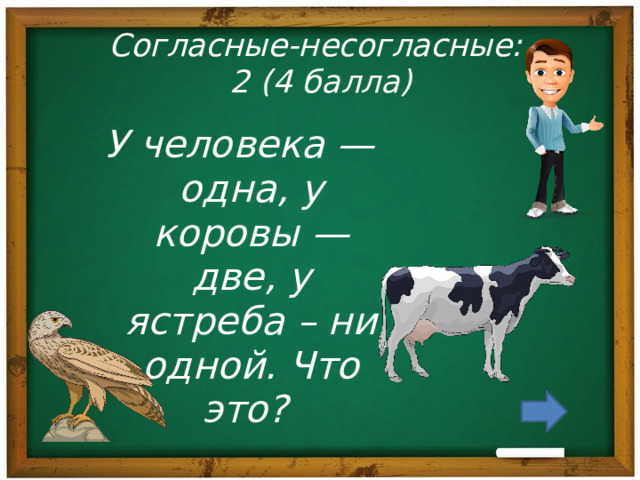 Согласные-несогласные:  2 (4 балла) У человека — одна, у коровы — две, у ястреба – ни одной. Что это? 